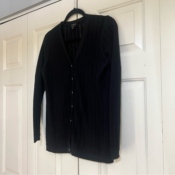 Talbots Women Cardigan Petite Small Black Pima Cotton Pointelle Knit Button Up - Picture 1 of 6